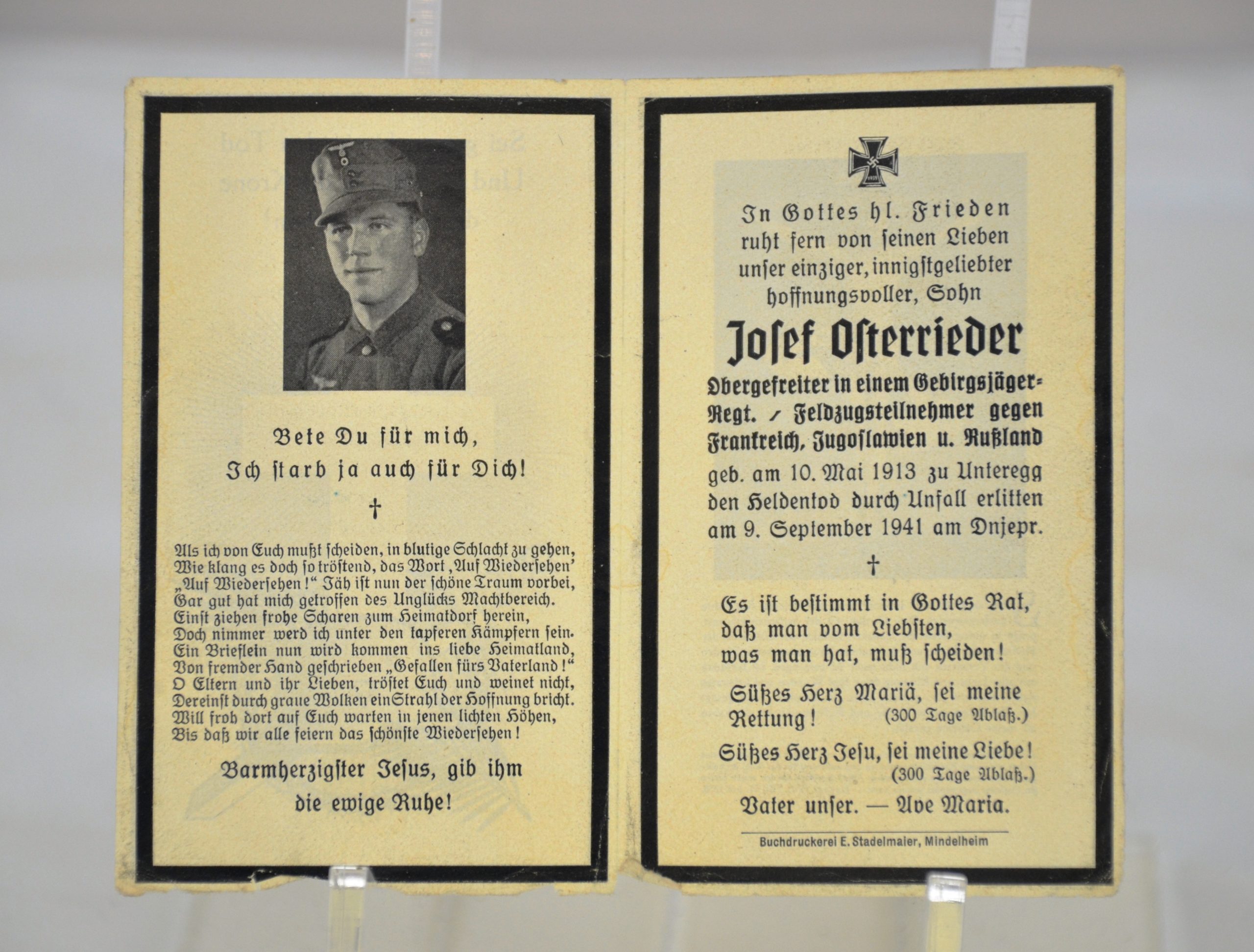 WW2 Death Card For A Corporal In The Gebirgsjager (Mountain Troops)
