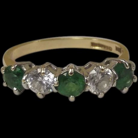 14 Ct Gold Zircon's & Emerald Coloured Glass 5 Stones Half Eternity Ring