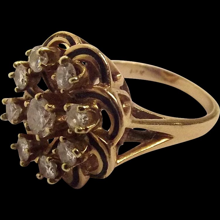14ct Yellow Gold Diamond Flower Head Ring UK Size J US 4 3/4