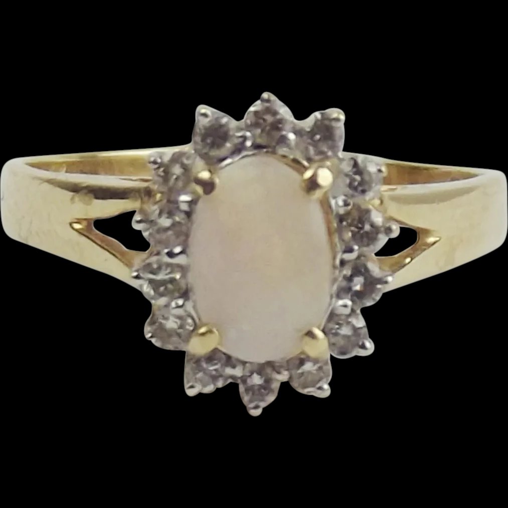 14ct Yellow Gold Opal & Diamond Flower Head Ring UK Size P+ US 7 ¾