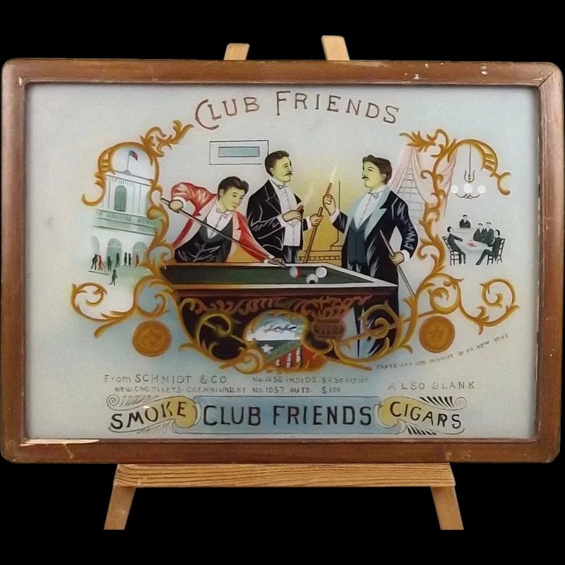 1886 Schmidt & Co "Club Friends" Cigar Glass Painted Advert, NYC