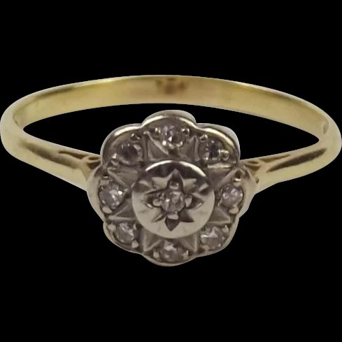 18Ct Yellow Gold Diamond Flower Head Cluster Ring UK Size T US 9 ½
