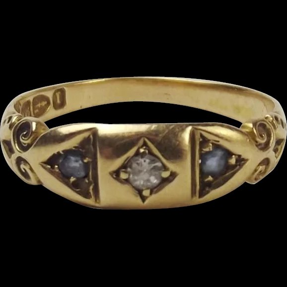 18Ct Yellow Gold Diamond & Sapphire Ring UK Size O+ US 7 ¼ - Chester c1892