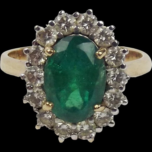 18Ct Yellow Gold Emerald & Diamond Flower Head Ring UK Size P US 7 ½