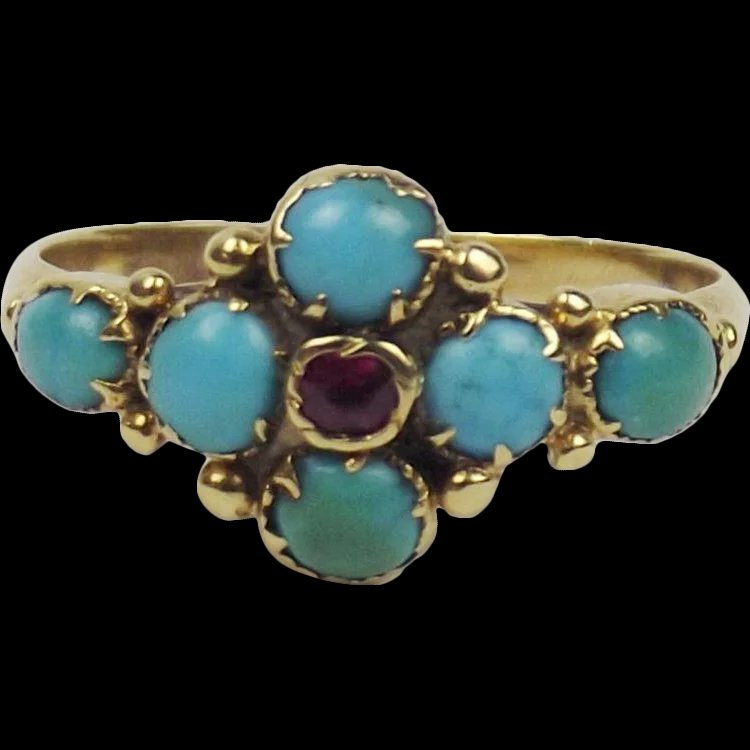 18Ct Yellow Gold Turquoise & Ruby Ring UK Size K US 5