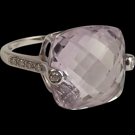 18ct White Gold Amethyst & Diamond Ring UK Size O+ 7 ¼