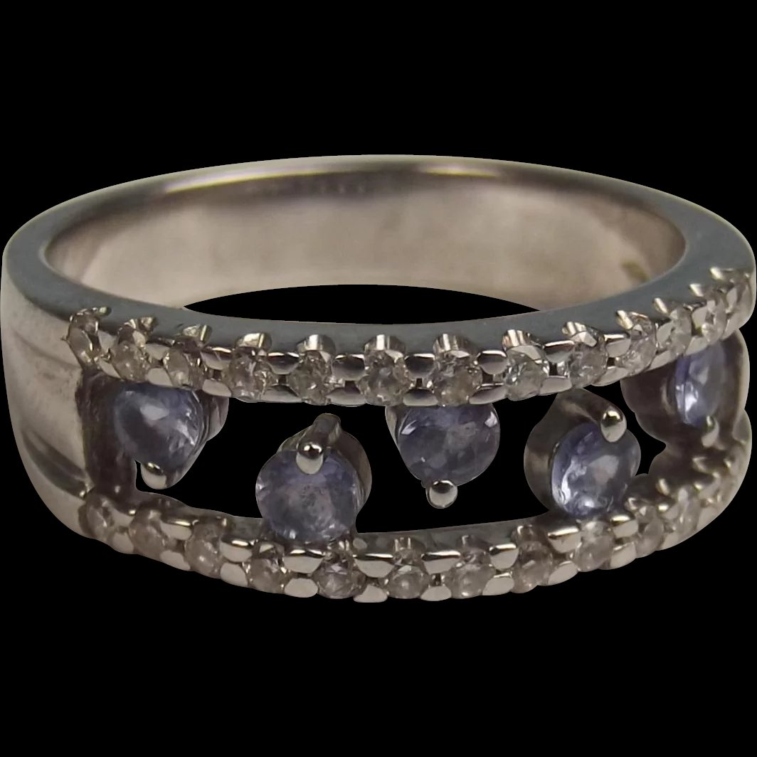 18ct White Gold Diamond & Tanzanite Band Ring UK Size N US 6 ¾