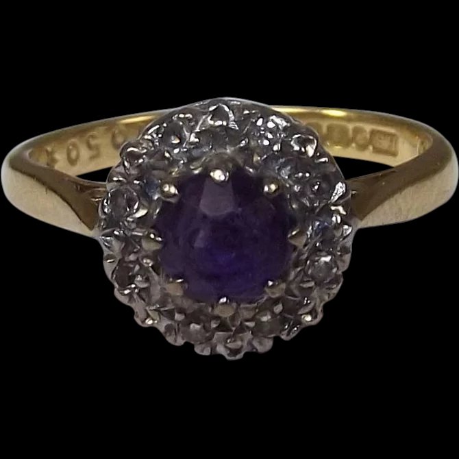 18ct Yellow Gold Amethyst & Diamond Flower Head Ring UK Size L + US 5 ¾