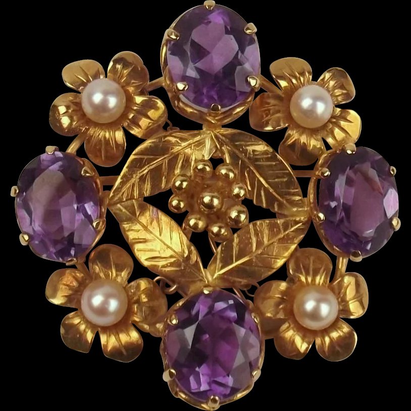 18ct Yellow Gold Amethyst & Pearl Brooch