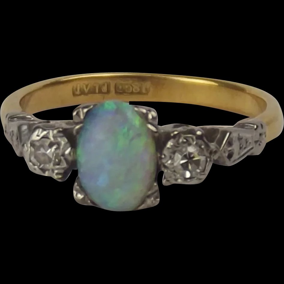 18ct Yellow Gold & Platinum Opal & Diamond Ring UK Size N US 6 ½