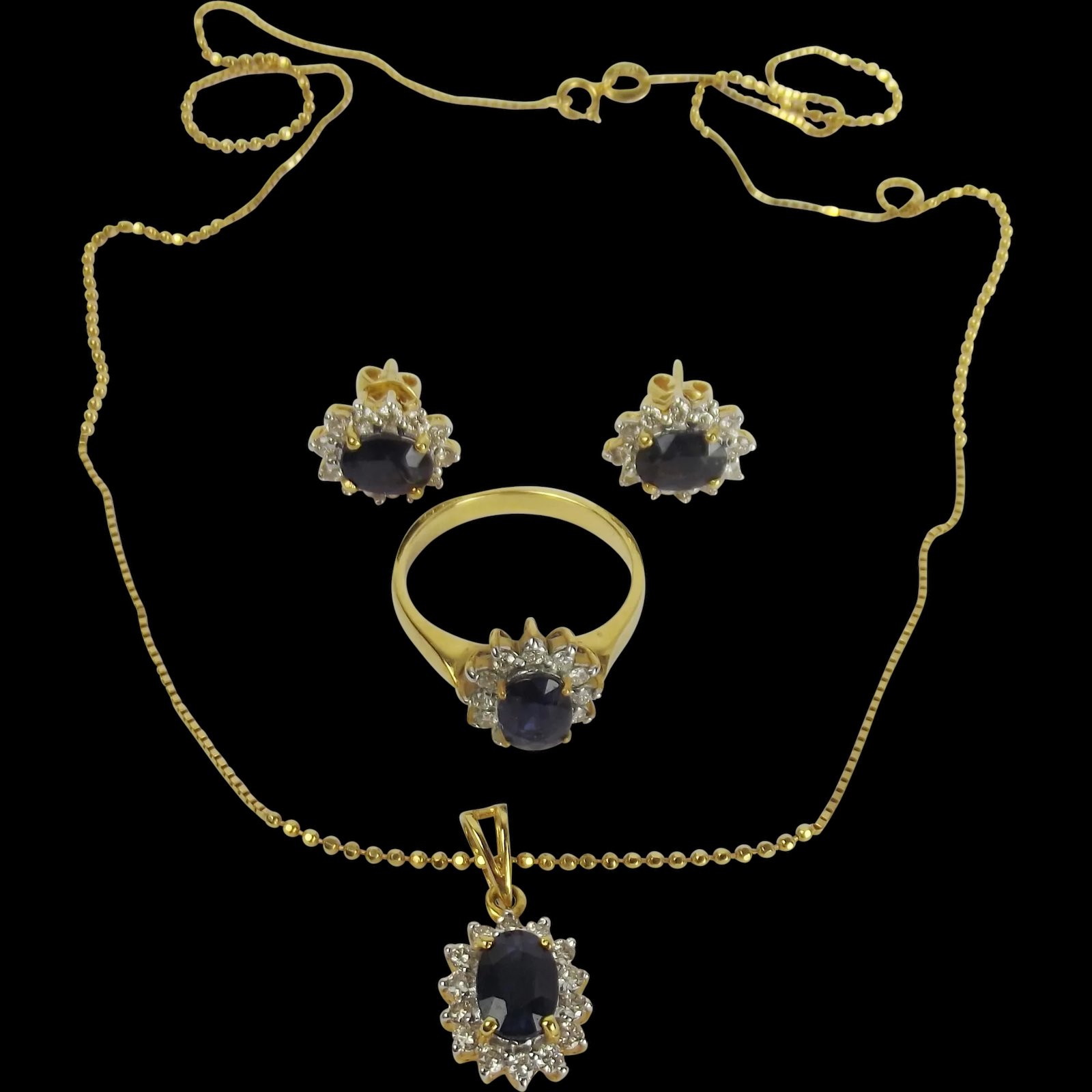 18ct Yellow Gold Sapphire & Diamond Necklace, Ring & Earrings Set