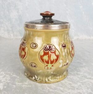 1923 Silver Collared Royal Doulton Stoneware Art Nouveau Styled Tobacco Jar
