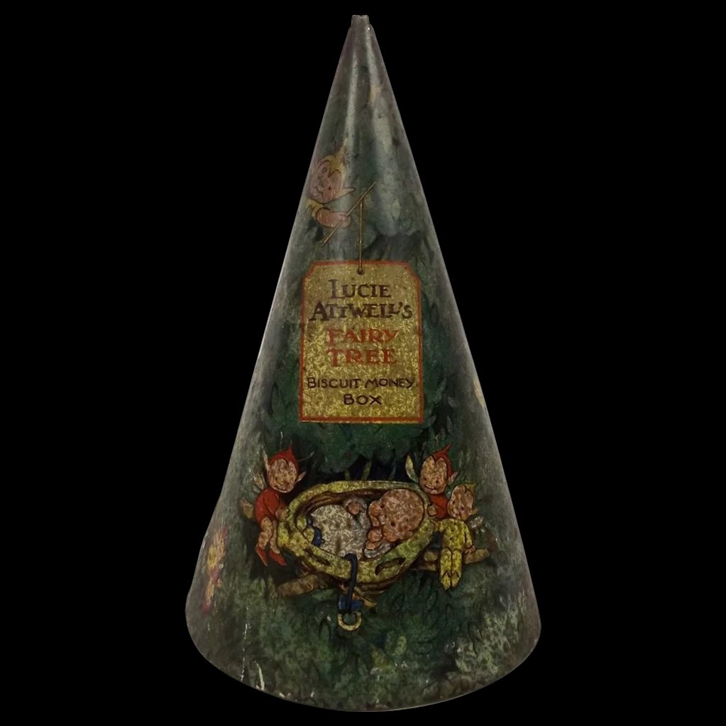 1930's Lucie Attwell Fairy Tree Biscuit Tin Plate Money Box