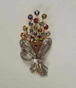 1950's 18Ct Gold & Palladium Flower Brooch Inc. Diamonds, Emeralds & Sapphires