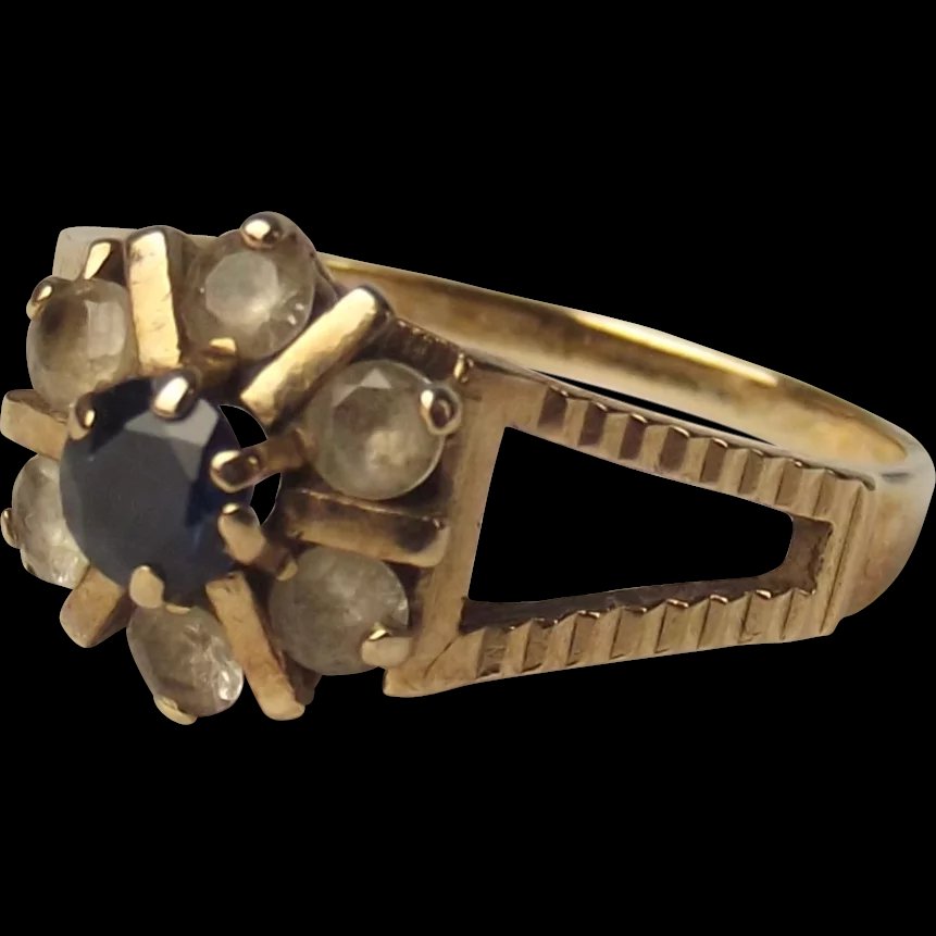 1973 9ct Yellow Gold Sapphire & Quartz Flower Head Ring UK Size O+ US 7 ½