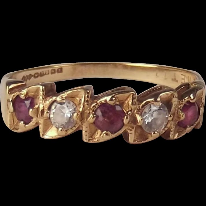 1983 9ct Yellow Gold Deep Pink Topaz & Cubic Zirconia Ring UK Size P+ US 8