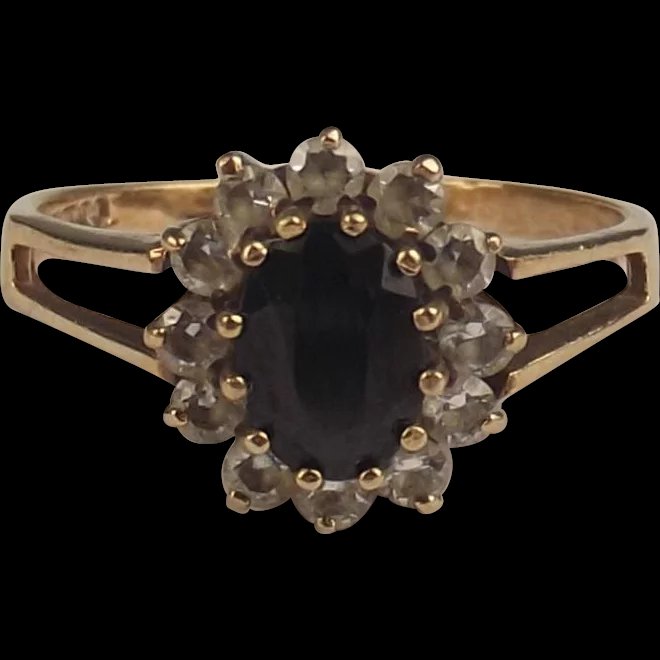 1983 9ct Yellow Gold Sapphire & Cubic Zirconia Flower Head Ring UK Size N US 6 ¾