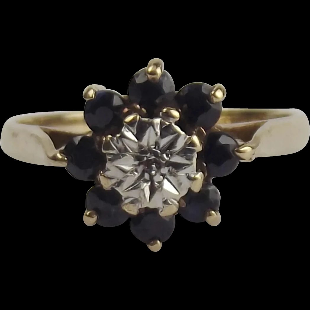 1984 9ct Yellow Gold Sapphire & Diamond Flower Head Ring UK Size O US 7 ¼
