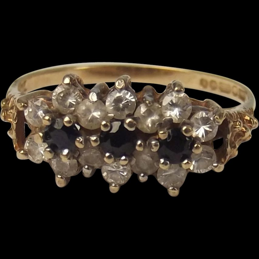 1984 9ct Yellow Gold Sapphire & Zirconia Cluster Ring UK Size O US 7 ¼