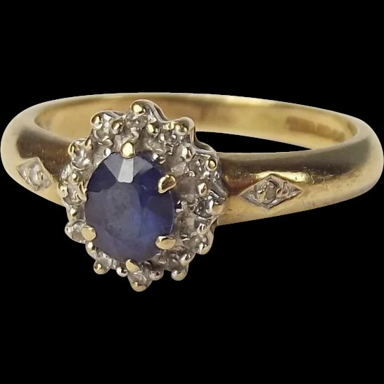 1994 9ct Yellow Gold 0.25 Ct Sapphire & 0.14 CTW Diamond Ring UK Size L+ (US 6) 1994
