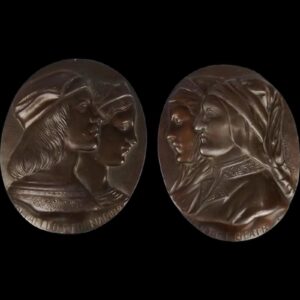 19th C. Italian Bronzed Pewter Plaques 'Dante E Beatrice' & 'Raffaello E Fornari