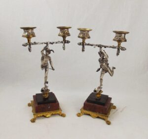 19th C. Pair Of Silvered Brass & Marble Greek God Figure Candleabra