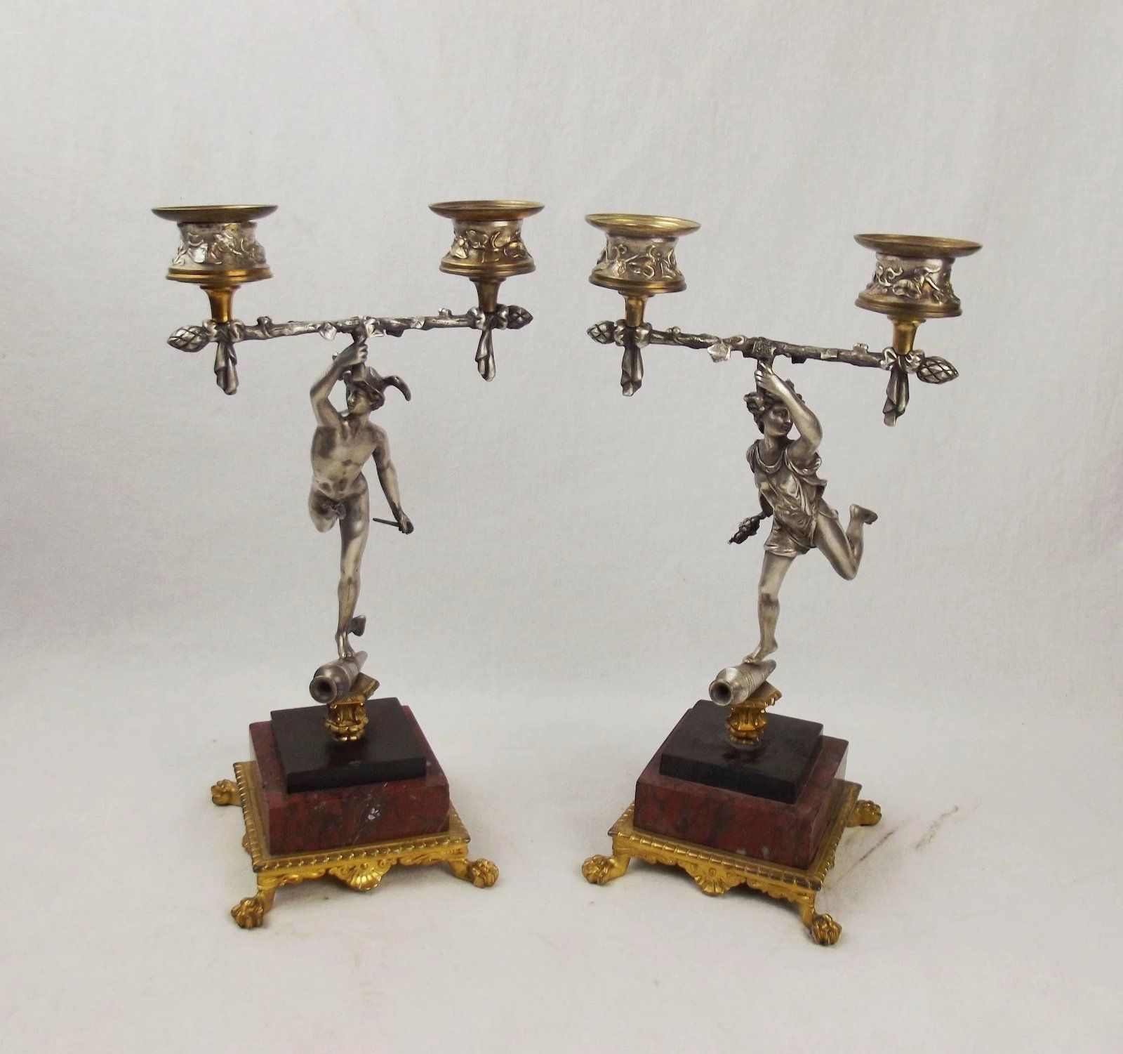 19th C. Pair Of Silvered Brass & Marble Greek God Figure Candleabra