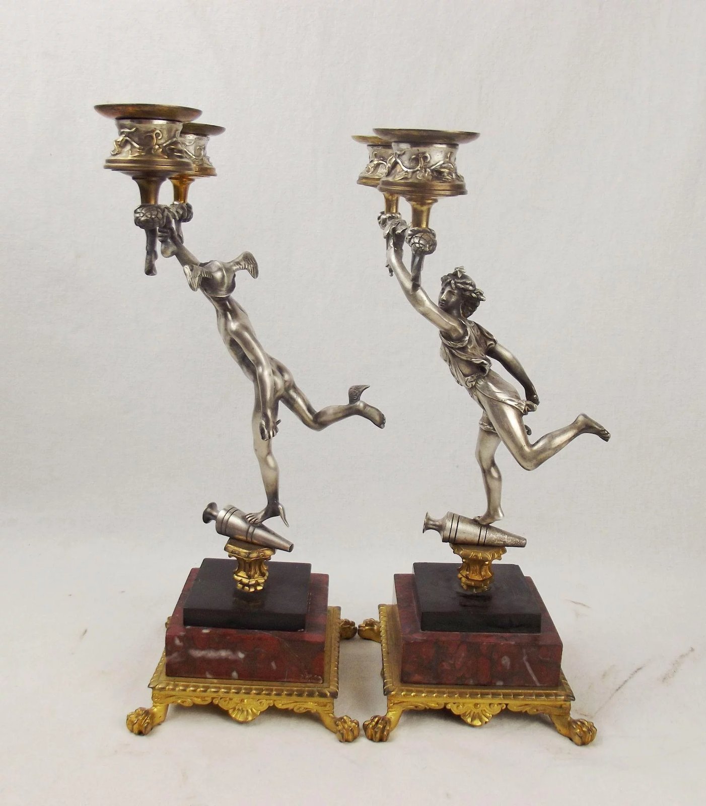 19th C. Pair Of Silvered Brass & Marble Greek God Figure Candleabra - Image 2