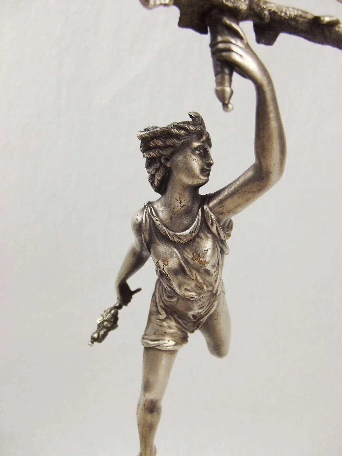 19th C. Pair Of Silvered Brass & Marble Greek God Figure Candleabra - Image 4