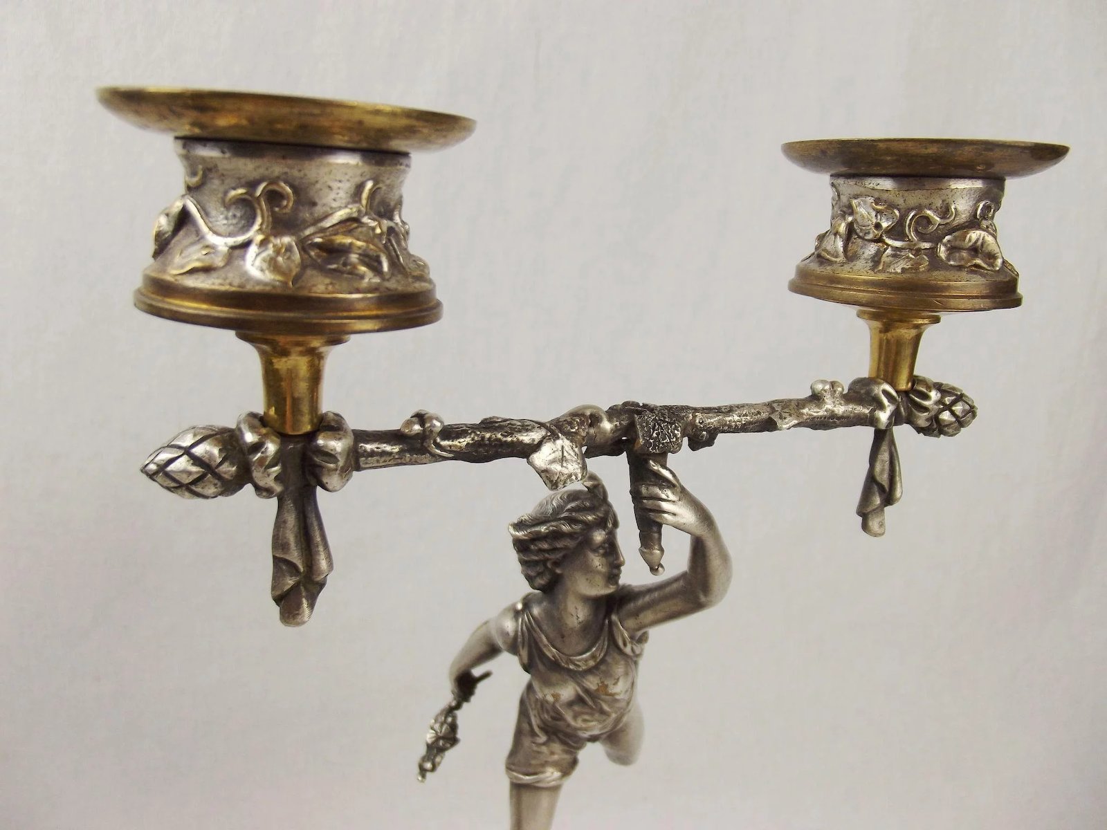 19th C. Pair Of Silvered Brass & Marble Greek God Figure Candleabra - Image 5