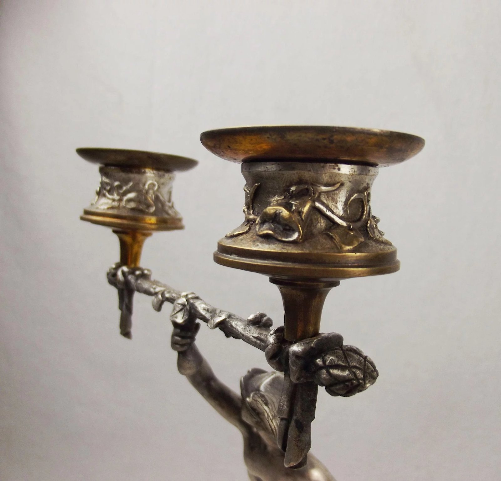 19th C. Pair Of Silvered Brass & Marble Greek God Figure Candleabra - Image 6