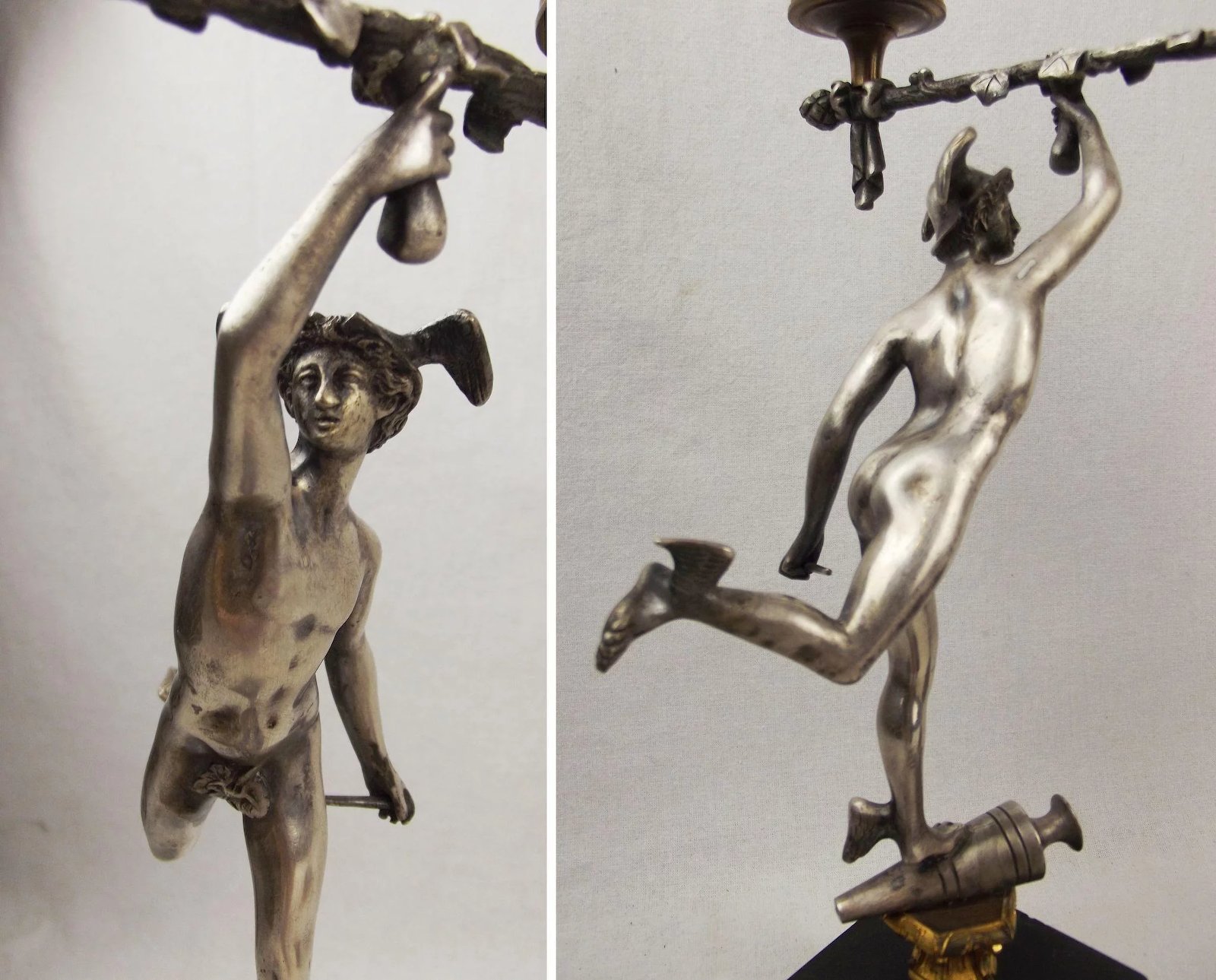 19th C. Pair Of Silvered Brass & Marble Greek God Figure Candleabra - Image 7