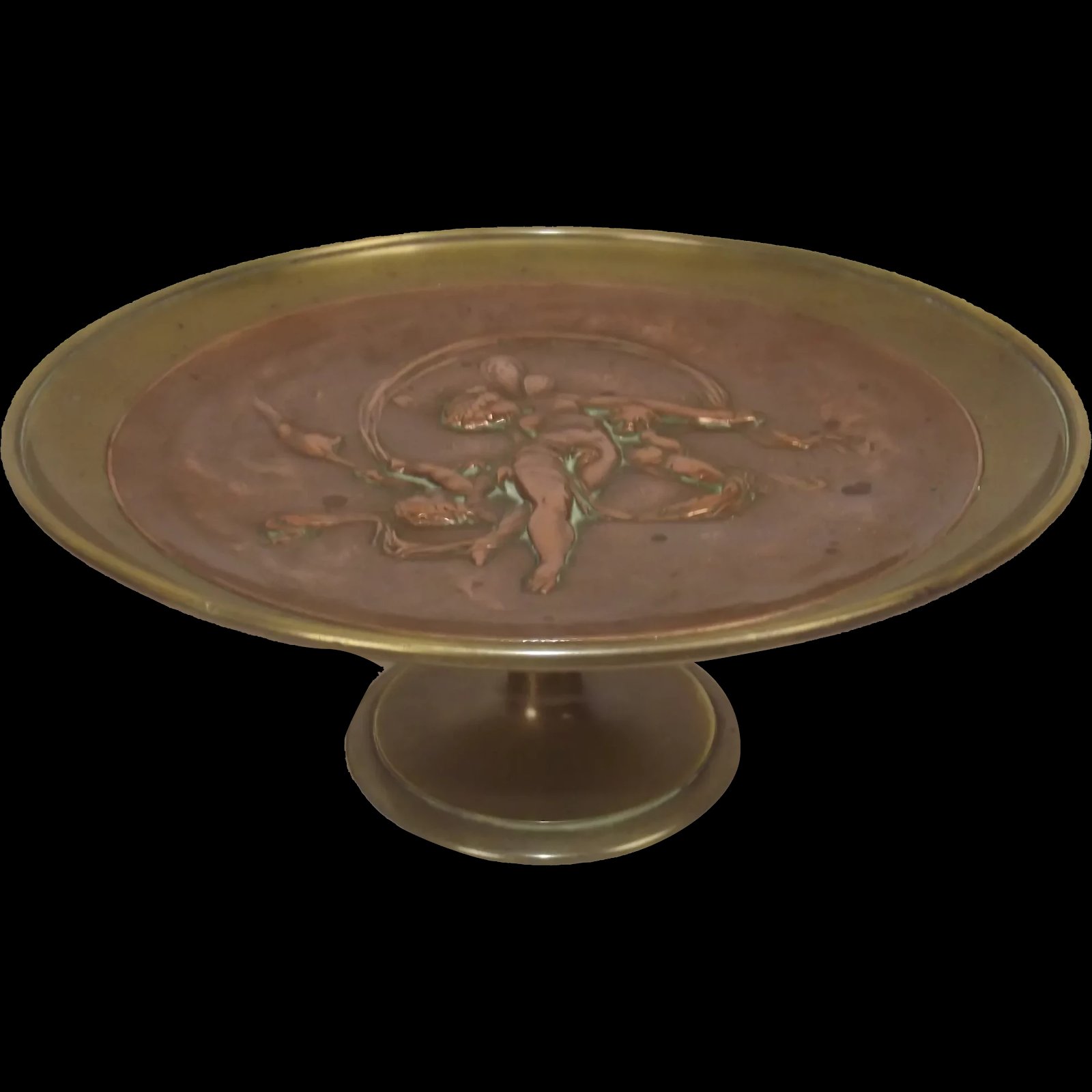 19th Century Continental Bronze And Copper Tazza, Embossed With Putti And A Nude Maiden