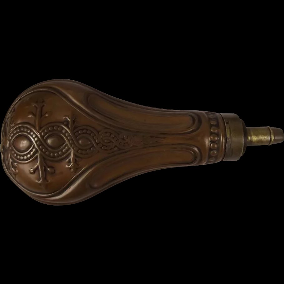 19th Century Copper & Brass Patterned Powder Flask