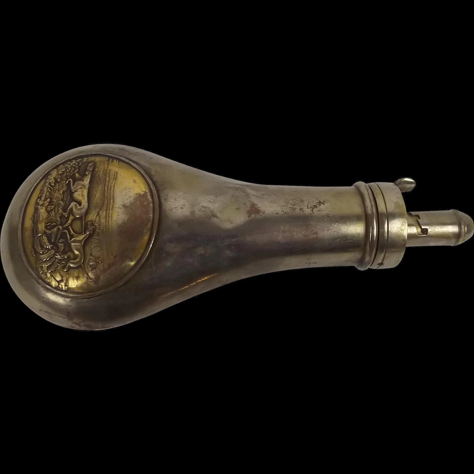 19th Century Dixons & Sons Silvered Copper & Brass Powder Flask