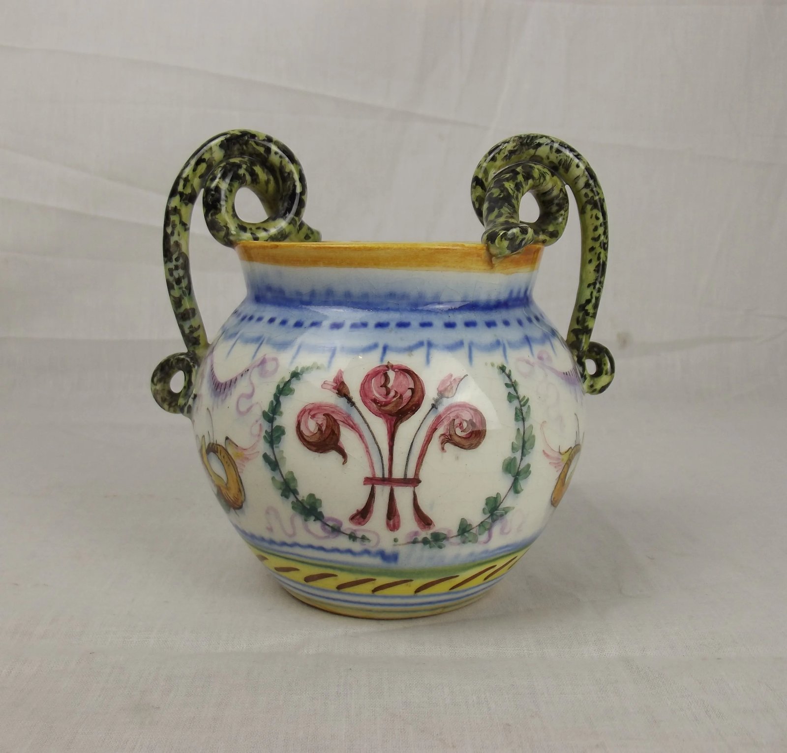 19th Century Italian Ginori Porcelain Snake Handled Pot