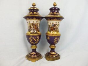 19th Century Napoleonic Gilt Mounted Sevres Style Urn Pair