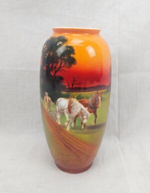 Circa 1920 Royal Doulton Vase With Hand Painted Scene Of Heavy Horses Ploughing Furrows