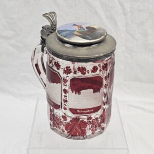 Late Victorian Cranberry Glass Tankard With Silver Lid And Painted Porcelain Top