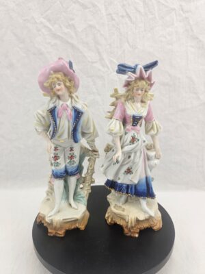 Pair of 19th Century German Thuringian Porcelain Figural Spill Vases, Rococo Revival Pastoral Couple, circa 1860–1885
