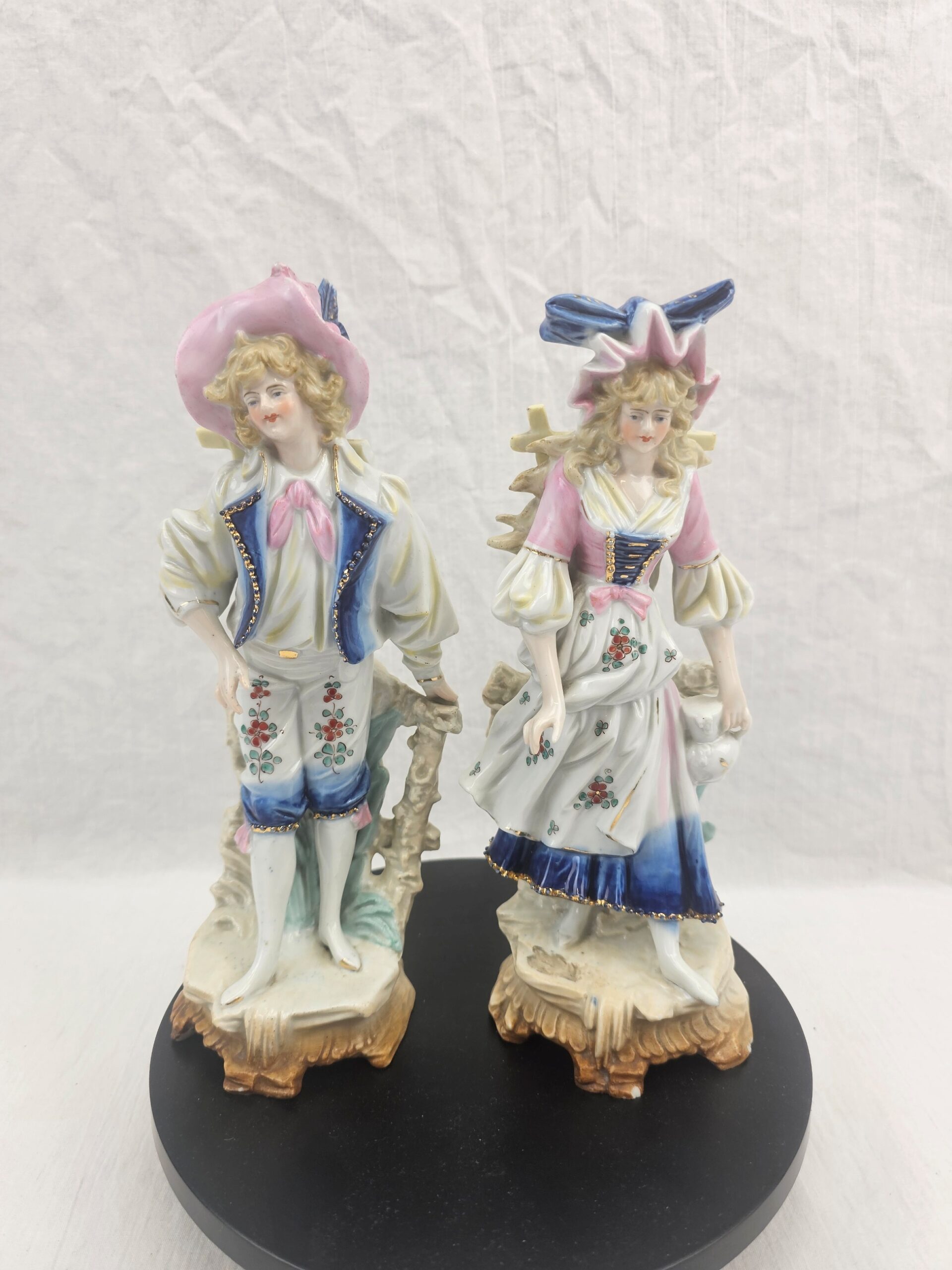 Pair of 19th Century German Thuringian Porcelain Figural Spill Vases, Rococo Revival Pastoral Couple, circa 1860–1885