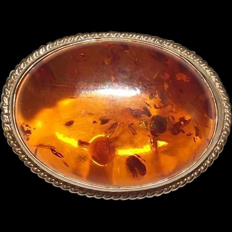 9 Ct Gold Large Amber Oval Rope Edge Pin Brooch