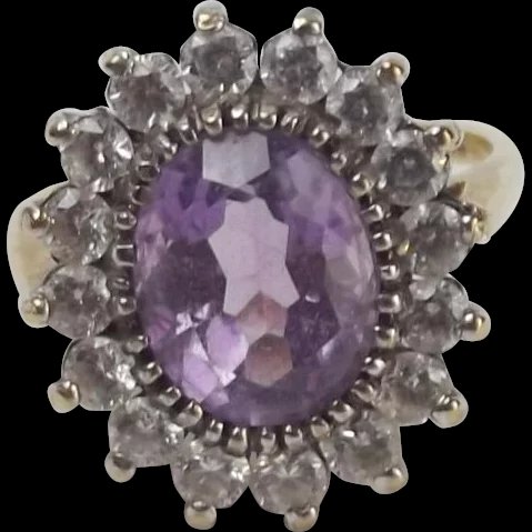 9Ct Yellow Gold Amethyst & Cubic Zirconia Flower Head Ring UK Size N+ US 6 3/4