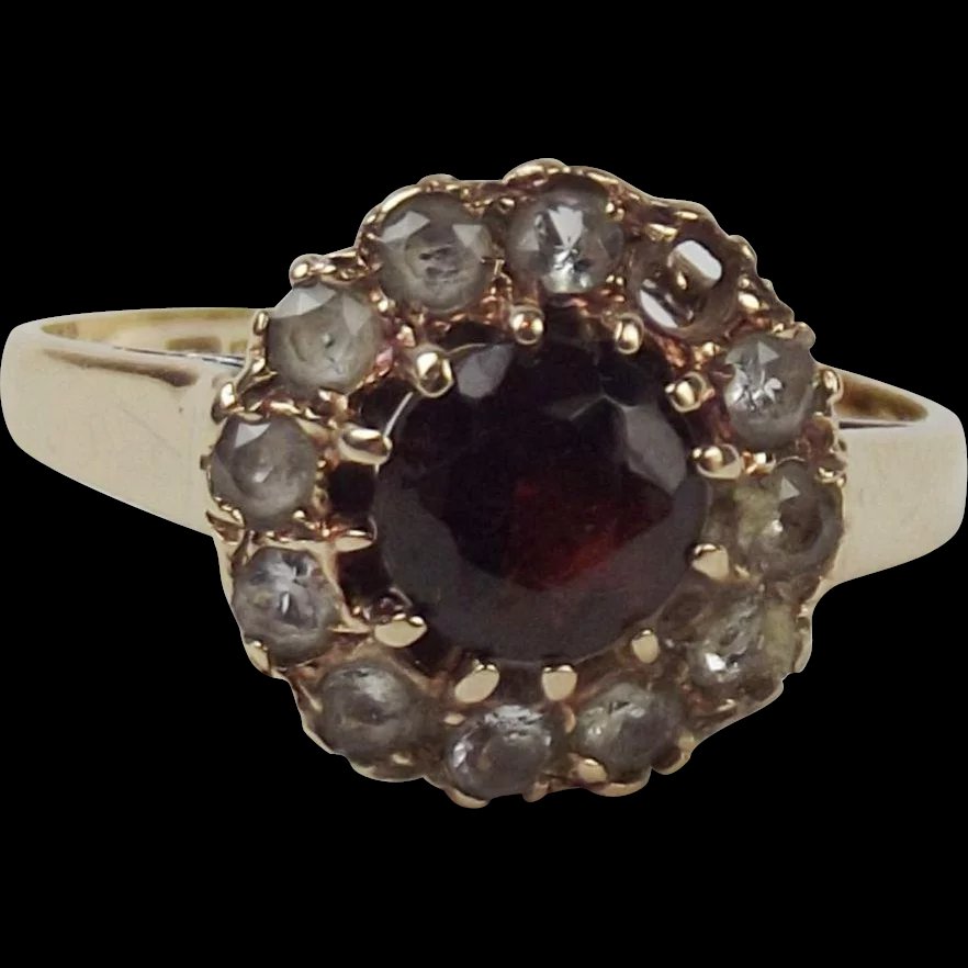 9Ct Yellow Gold Garnet & Aquamarine Flower Head Ring UK Size K US 5