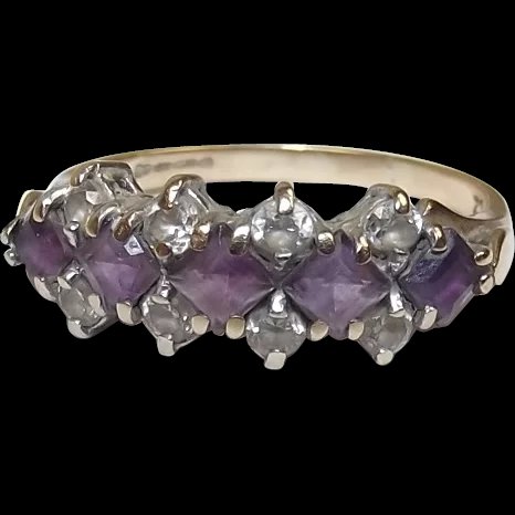 9ct Gold Amethyst & Glass Half Eternity Ring UK Size M US Size 6 ¼