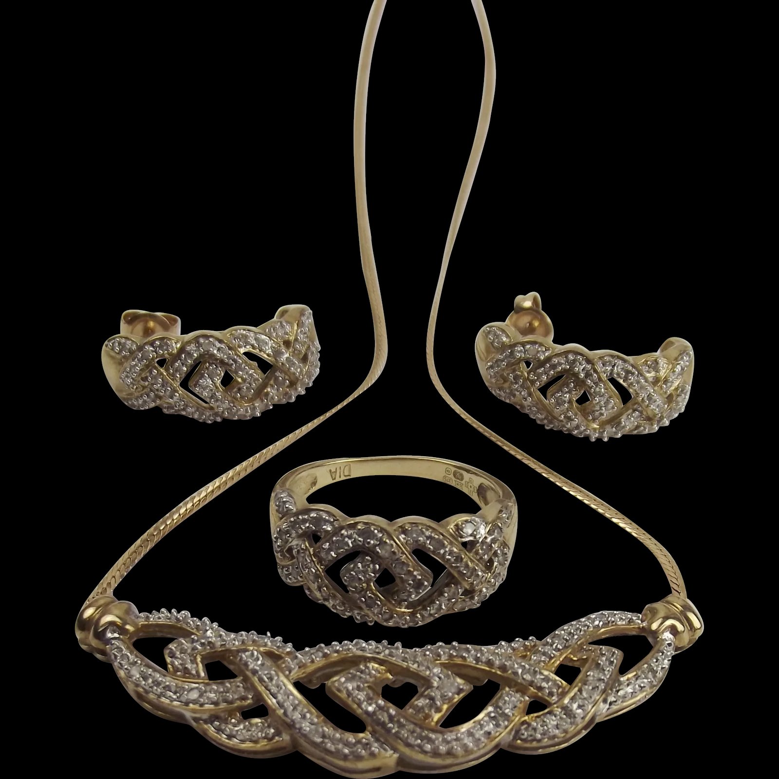 9ct Gold & Diamond Necklace, Ring & Earrings Set - Ring Size UK N US 6 ½