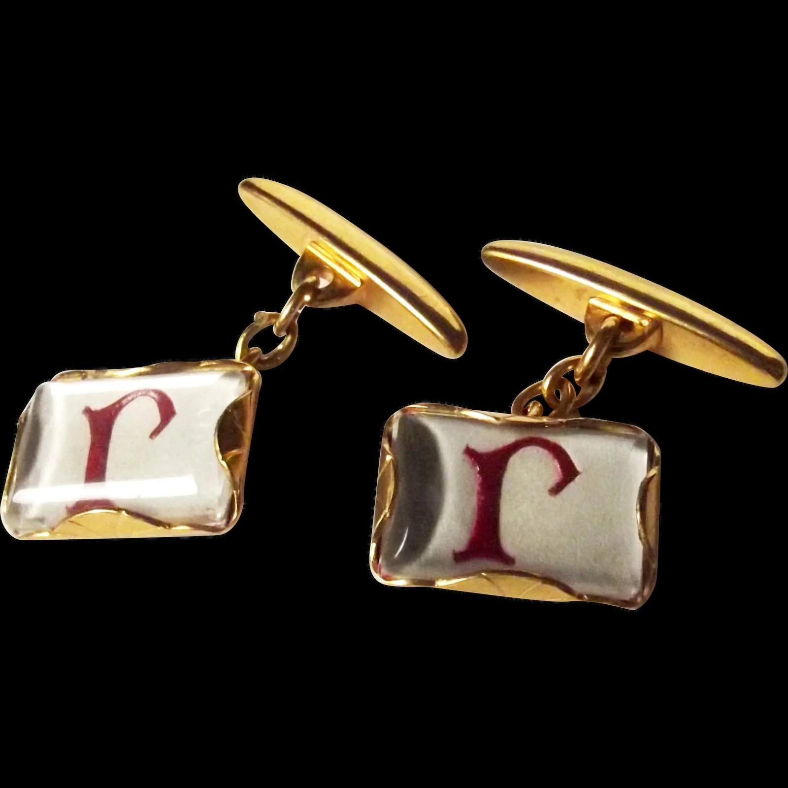 9ct Gold Enamel “R” Initialled Decorated Cufflinks