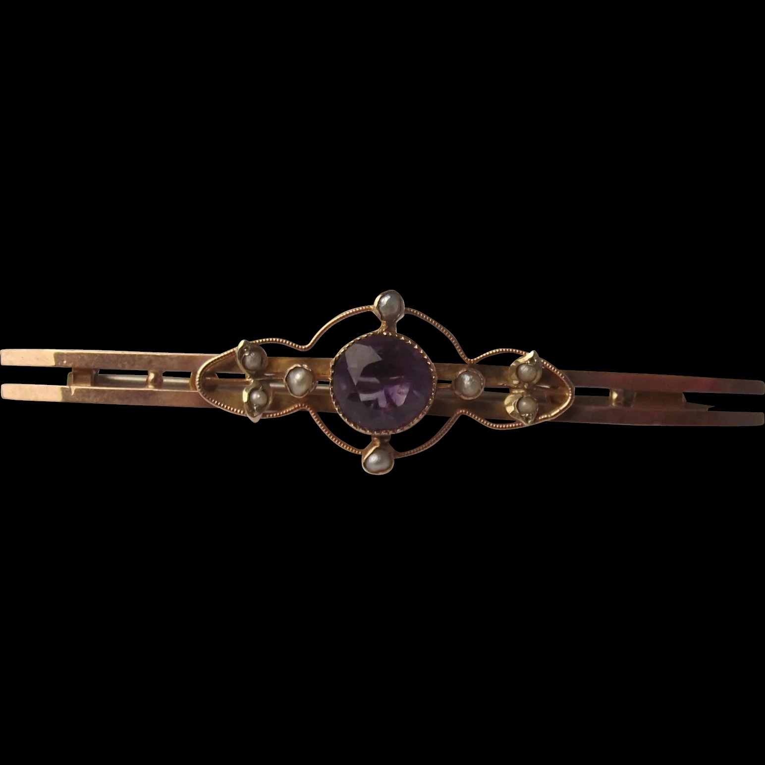 9ct Rose Gold Amethyst & Pearl Bar Brooch