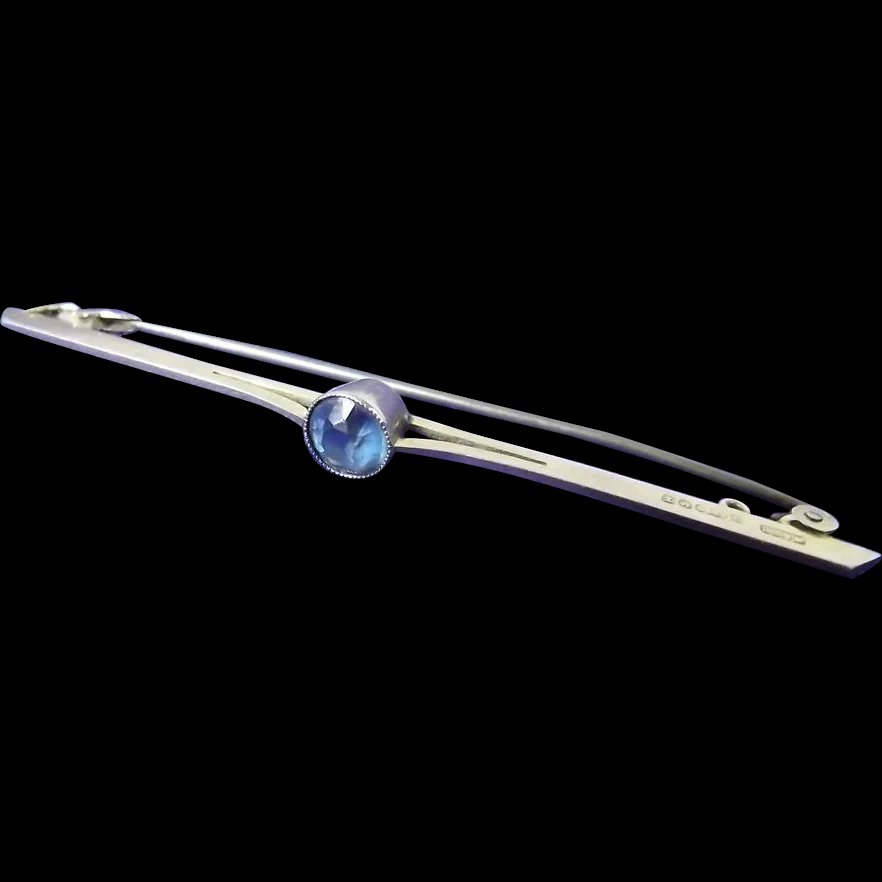 9ct Rose Gold Art Deco Bar Brooch With Large Blue Paste Stone, Dated 1922