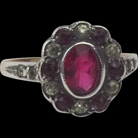 9ct Rose Gold, Silver & Glass Flower Head Ring UK Size M+ US 6 ¼